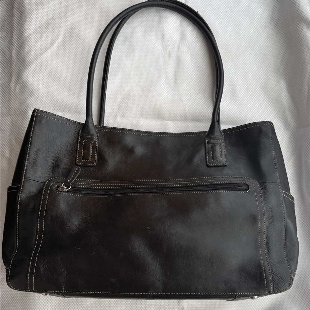 Black Leather Fossil Tote Bag - 4.5x11x17